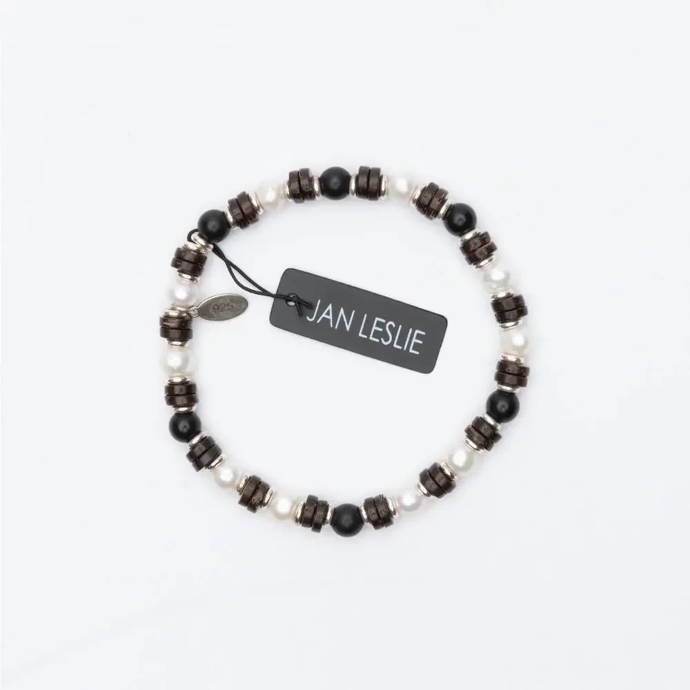 Jan Leslie Cultured Freshwater Pearl, Onyx, Wood & Sterling Silver Bracelet